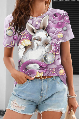 Purple Floating Ribbon Egg Cute Cartoon Rabbit O Neck T-shirt