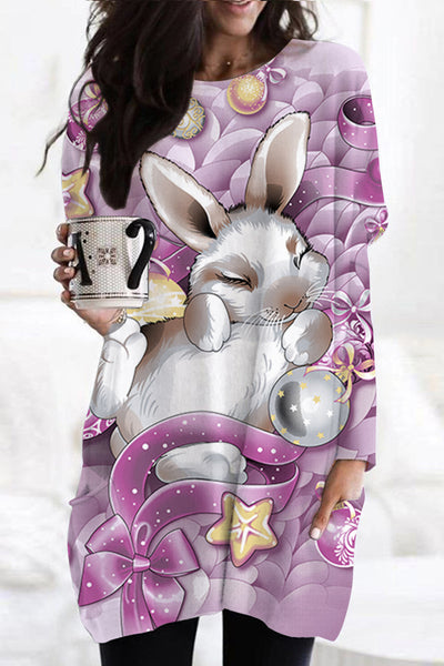 Purple Floating Ribbon Egg Cute Cartoon Rabbit Tunic with Pockets