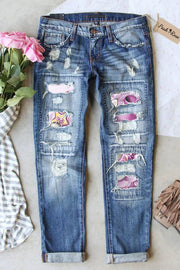 Purple Floating Ribbon Egg Cute Cartoon Rabbit Ripped Denim Jeans