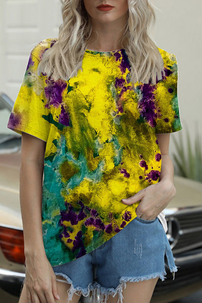 Purple Green Yellow Gradient Tie-dye Print Vintage Round Neck Short Sleeve T-shirt