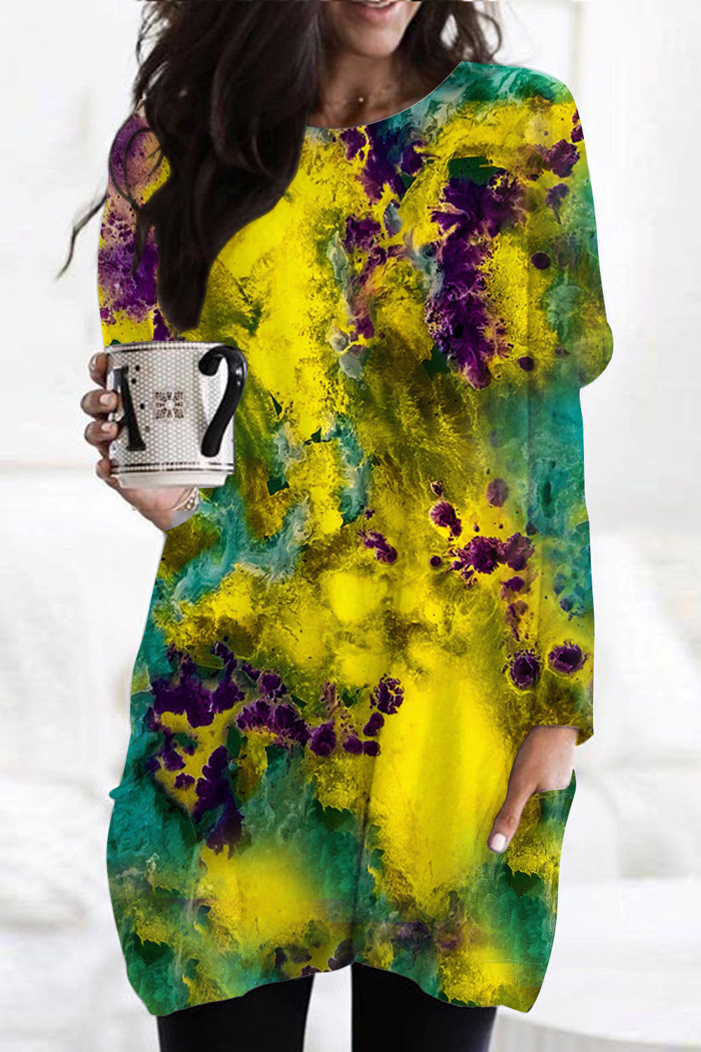 Purple Green Yellow Gradient Tie-dye Print Vintage Tunic with Pockets