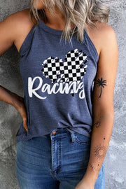 Racing Checkered Plaid Heart Print Tank Top