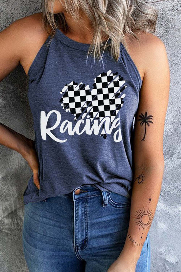 Racing Checkered Plaid Heart Print Tank Top