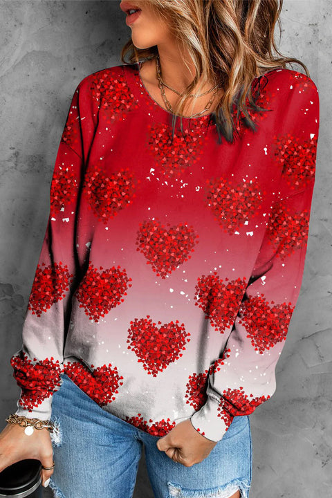 Red Love Heart-Shaped Round Neck Casual Sweatshirt