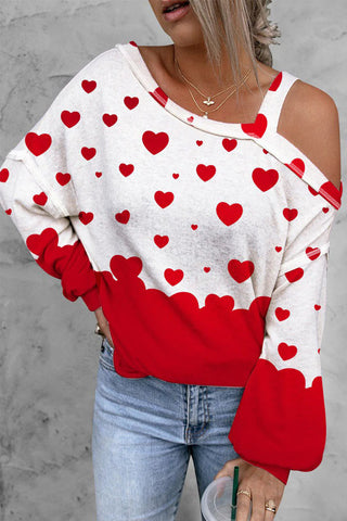 Red Heart Asymmetrical Neck Shift Casual Long Sleeve Blouse