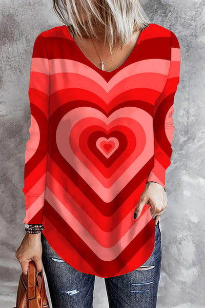 Red Love Heart-Shaped V-Neck Casual Long Sleeve T-shirt