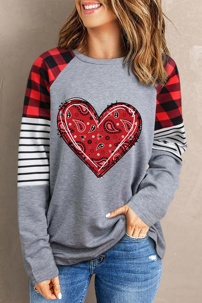 Red Striped Plaid Heart-Shaped Round Neck Shift Casual Sweatshirt