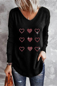Rhinestone Pink Heart-Shaped v Neck Shift Casual Long Sleeve T-shirt
