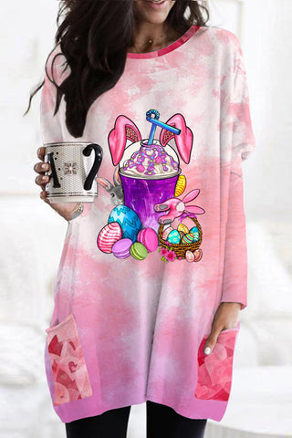 Rabbit Ear Drink Cup Milk Tea Easter Egg Pink Heart Tunic with Pockets