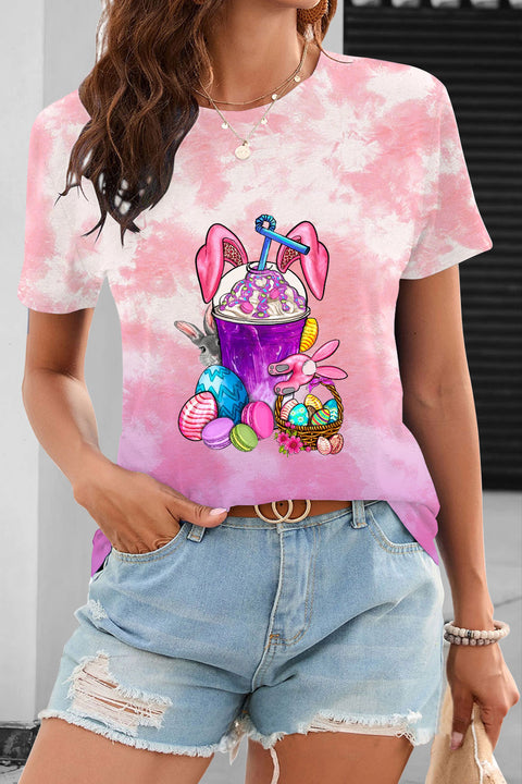 Rabbit Ear Drink Cup Milk Tea Easter Egg Pink Heart Round Neck T-shirt