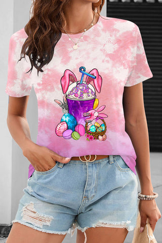 Rabbit Ear Drink Cup Milk Tea Easter Egg Pink Heart Round Neck T-shirt
