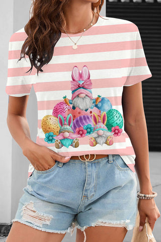Rabbit Ear Goblin Cute Elf Egg Pink Striped O Neck T-shirt