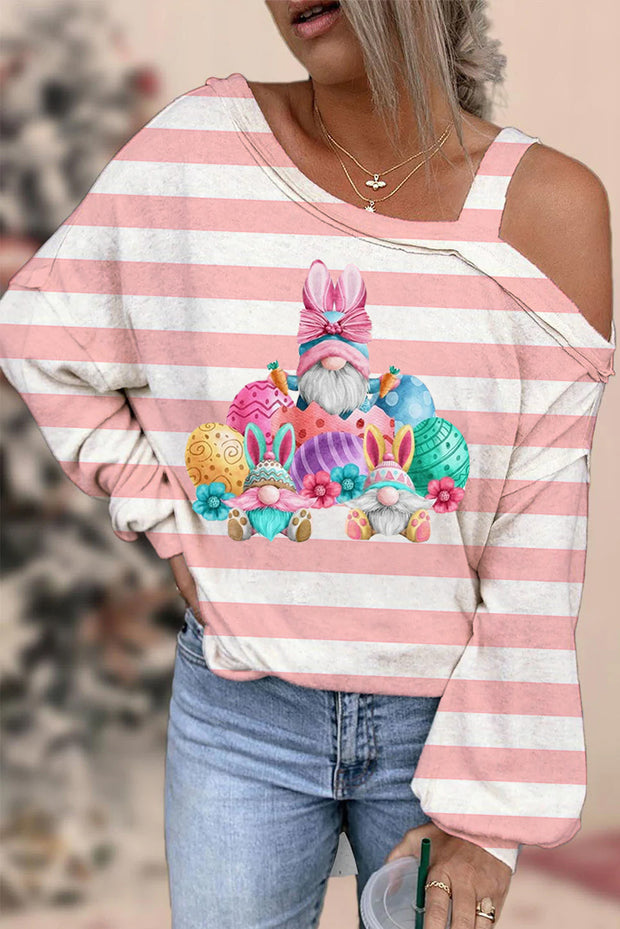 Rabbit Ear Goblin Cute Elf Egg Pink Striped Off Shoulder Blouse