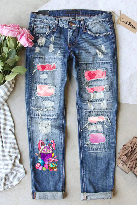 Rabbit Ear Goblin Cute Elf Egg Pink Striped Ripped Denim Jeans