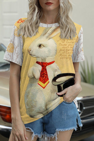 Rabbit With Bowler Hat Gentleman Yellow Round Neck T-shirt