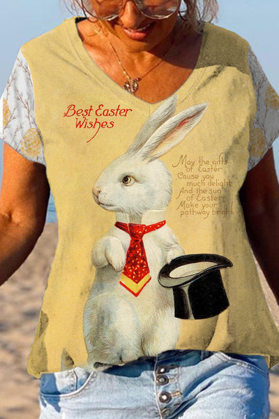 Rabbit With Bowler Hat Gentleman Yellow V Neck T-shirt