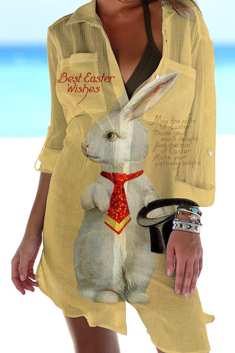 Rabbit With Bowler Hat Gentleman Yellow Patch Front Pockets Shirt