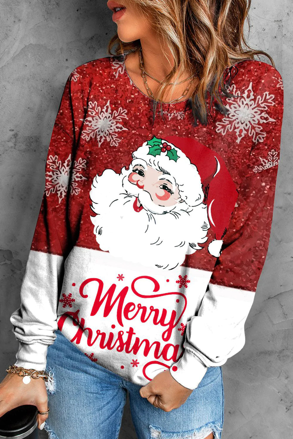 Red And White Gradient Snowflake Santa Print Sweatshirt