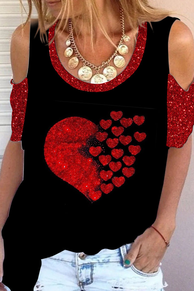 Red Sequin Love Black Cold Shoulder T-Shirt