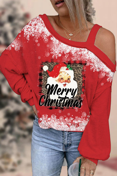Trägerlose Off-Shoulder-Bluse mit rotem Schneeflocken-Weihnachtskopf-Print
