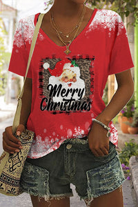 Red Snowflake Santa Head Print Strapless V T-shirt