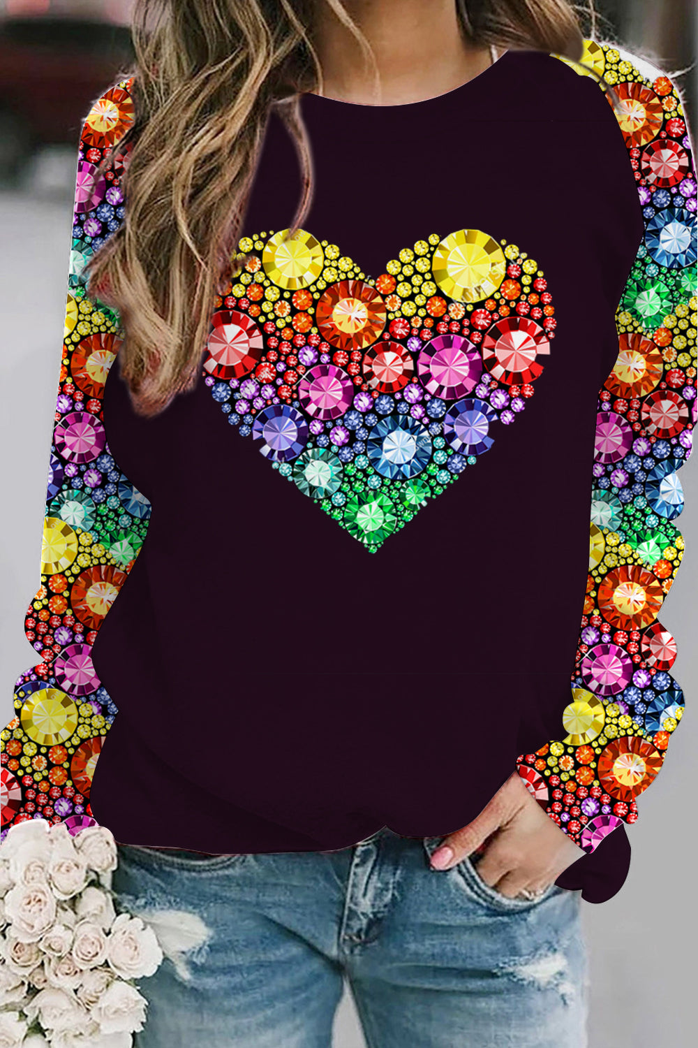 Retro Colorful Rhinestone Love Diamond Love Print Sweatshirt