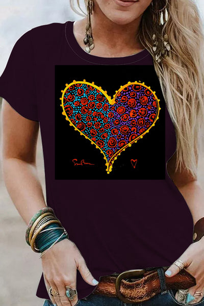 Retro Color Sho Love Heart Diamond Love Print Short-Sleeved T-shirt