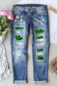 Retro Dark Green Clover Vine Full Print Ripped Denim Jeans