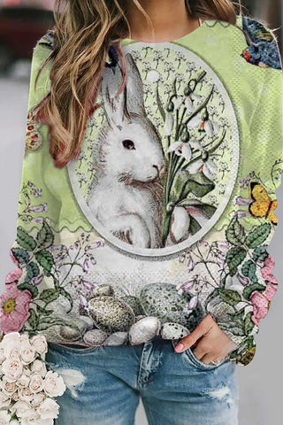 Retro Oil Painting Style Egg Bunny Frame Sweatshirt