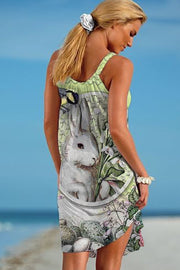 Retro Oil Painting Style Egg Bunny Frame Sleeveless Dress