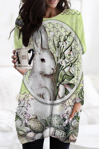Retro Oil Painting Style Egg Bunny Frame Tunic with Pockets