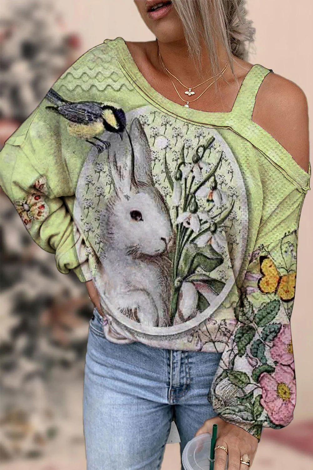 Retro Oil Painting Style Egg Bunny Frame Off Shoulder Blouse