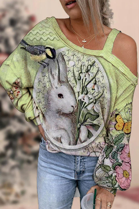 Retro Oil Painting Style Egg Bunny Frame Off Shoulder Blouse