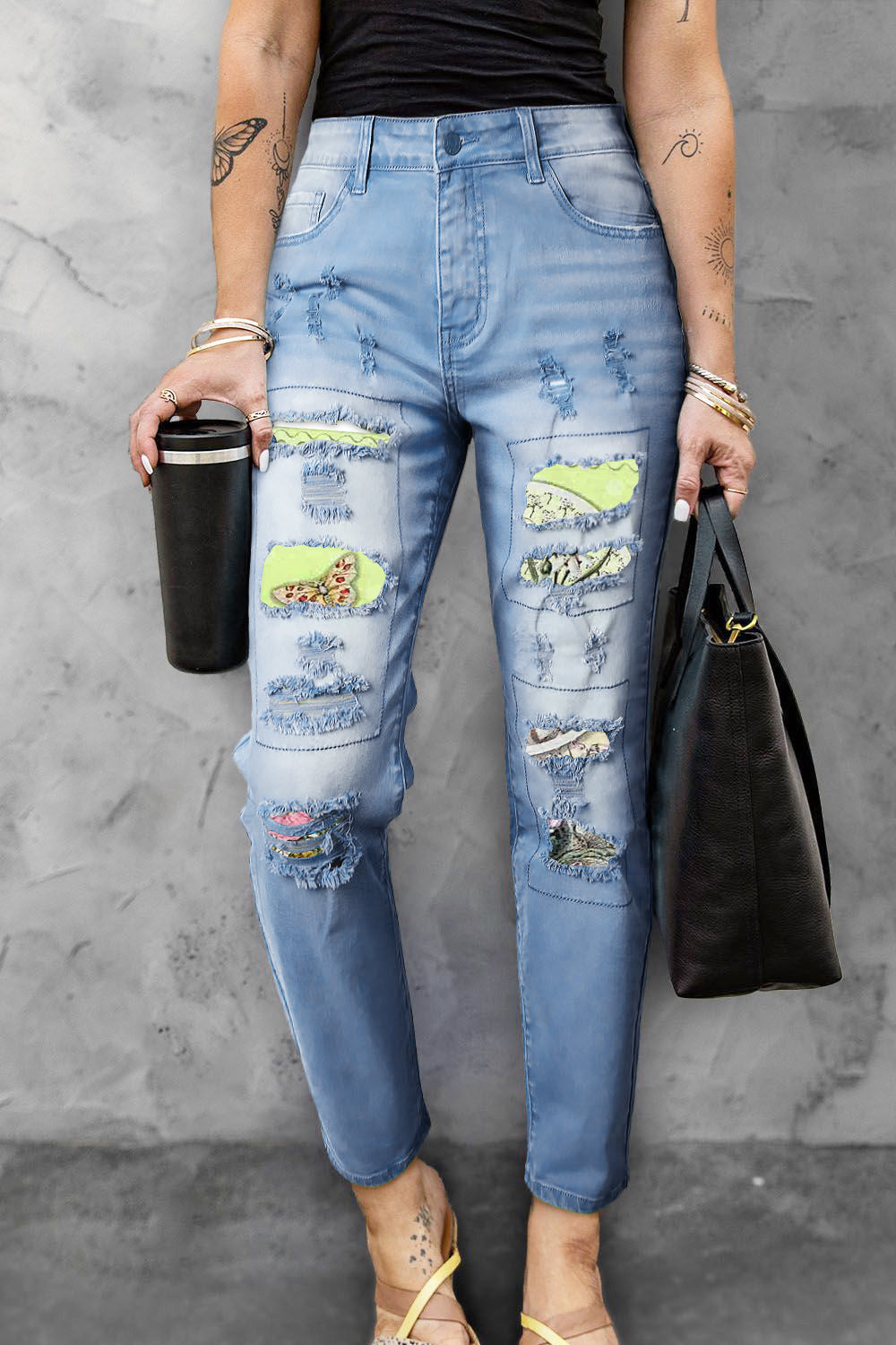 Retro Oil Painting Style Egg Bunny Frame Ripped Denim Jeans