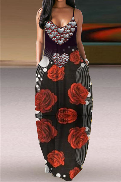 Rose Garden Metal Heart Vintage Print Halter Party Dress Cami Maxi Dress