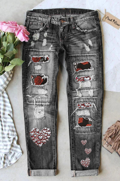 Rose Garden Metal Heart Vintage Print Jeans