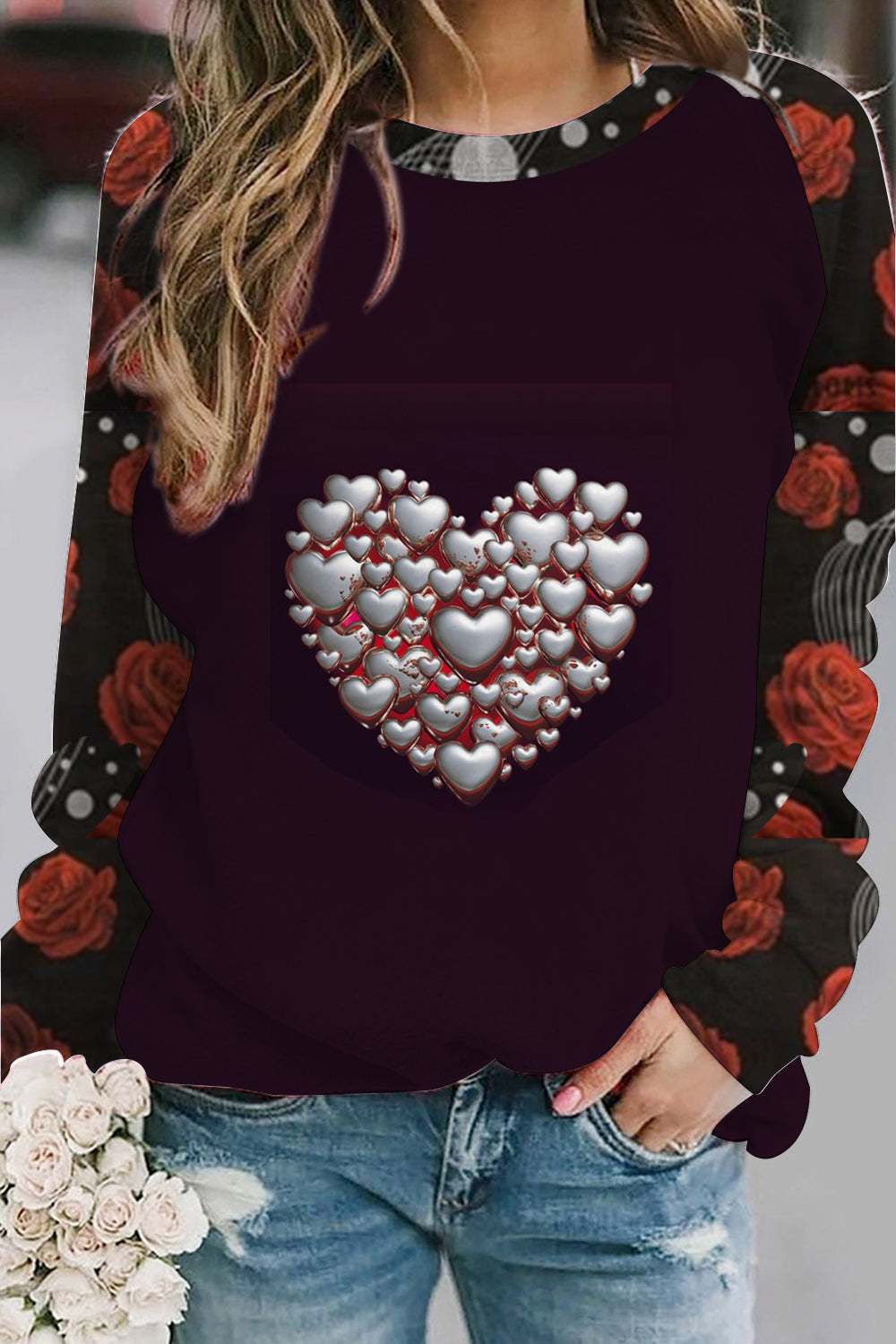 Rose Garden Metal Heart Vintage Print Sweatshirt