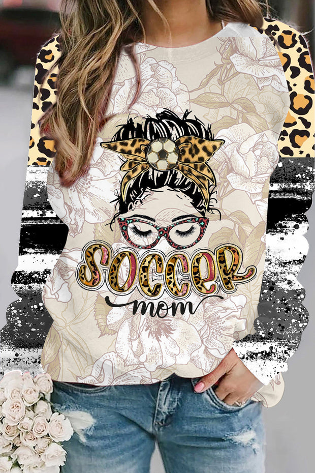 SOCCER Mom Fashion Girl Head Portrait Leopard Print Black & White Ink Print Sweatshirt