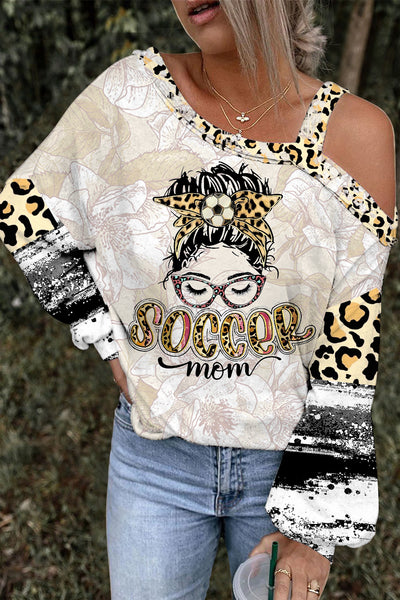 SOCCER Mom Fashion Girl Head Portrait Leopard Print Black & White Ink Print Off-Shoulder Blouse