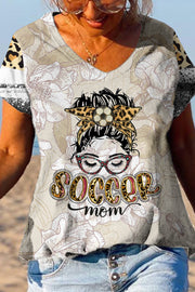 SOCCER Mom Fashion Girl Head Portrait Leopard Print Black & White Ink V Neck T-shirt