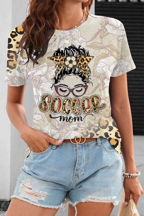 SOCCER Mom Fashion Girl Head Portrait Leopard Print Black & White Ink T-Shirt