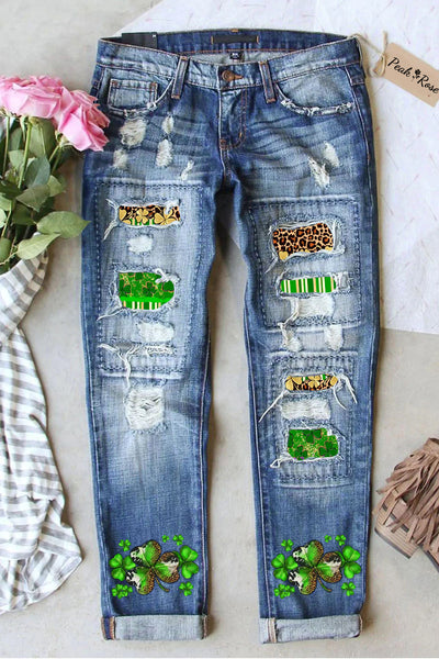 St. Patrick's Day Clover Leopard Graphic Shift Casual Ripped Denim Jeans