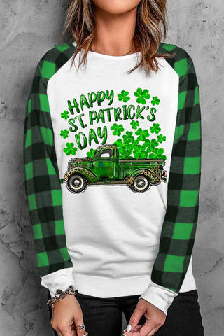 St. Patrick's Day Truck Graphic Plaid Round Neck Casual Sweatshirt