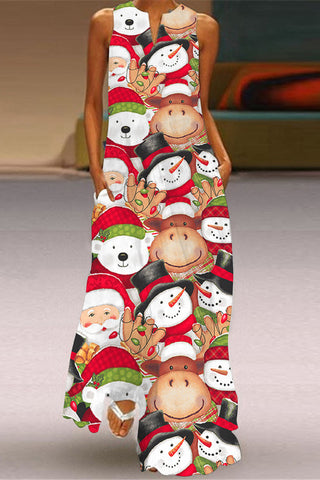 Santa Claus Snowman Bear And Cow Sleeveless Maxi Dress
