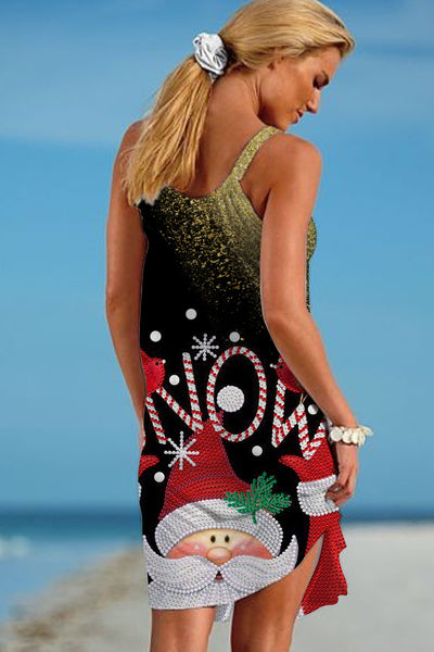 Snow Stamping Rhinestone Santa Claus Print Sleeveless Dress