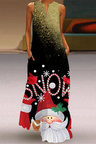 Snow Stamping Rhinestone Santa Claus Print Sleeveless Maxi Dress