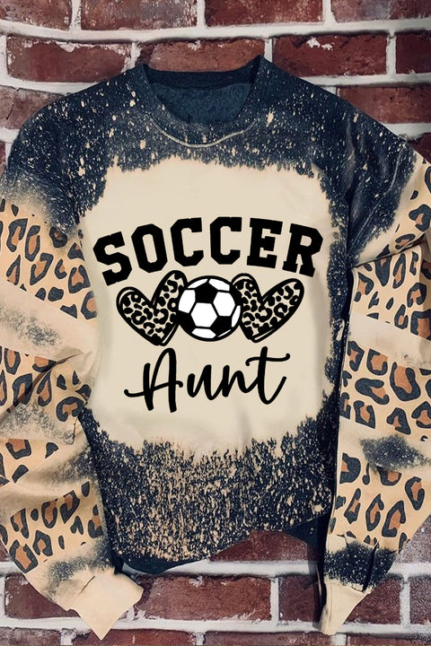 Soccer Aunt Heart Leopard Bleached Print Sweatshirt