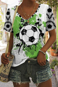 Soccer Splash Ink Green Oil Color Printing And Dyeing Print V-neck T-shirt