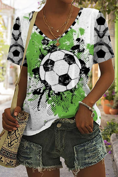 Soccer Splash Ink Green Oil Color Printing And Dyeing Print V-neck T-shirt