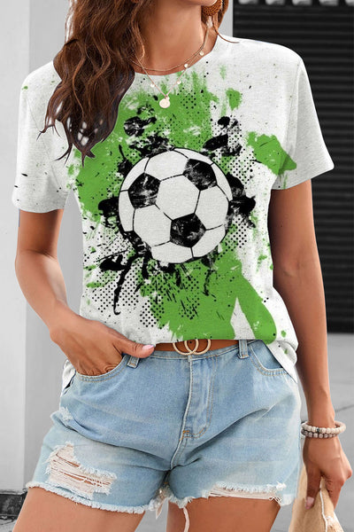 Soccer Splash Ink Green Oil Color Printing And Dyeing Print T-Shirt